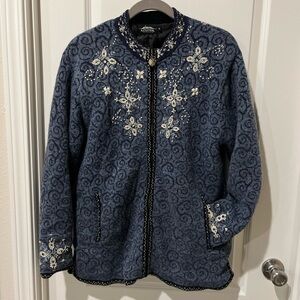 Vintage Icelandic Design Boiled Wool Jacket Blue Nordic Floral Embroidered zip.